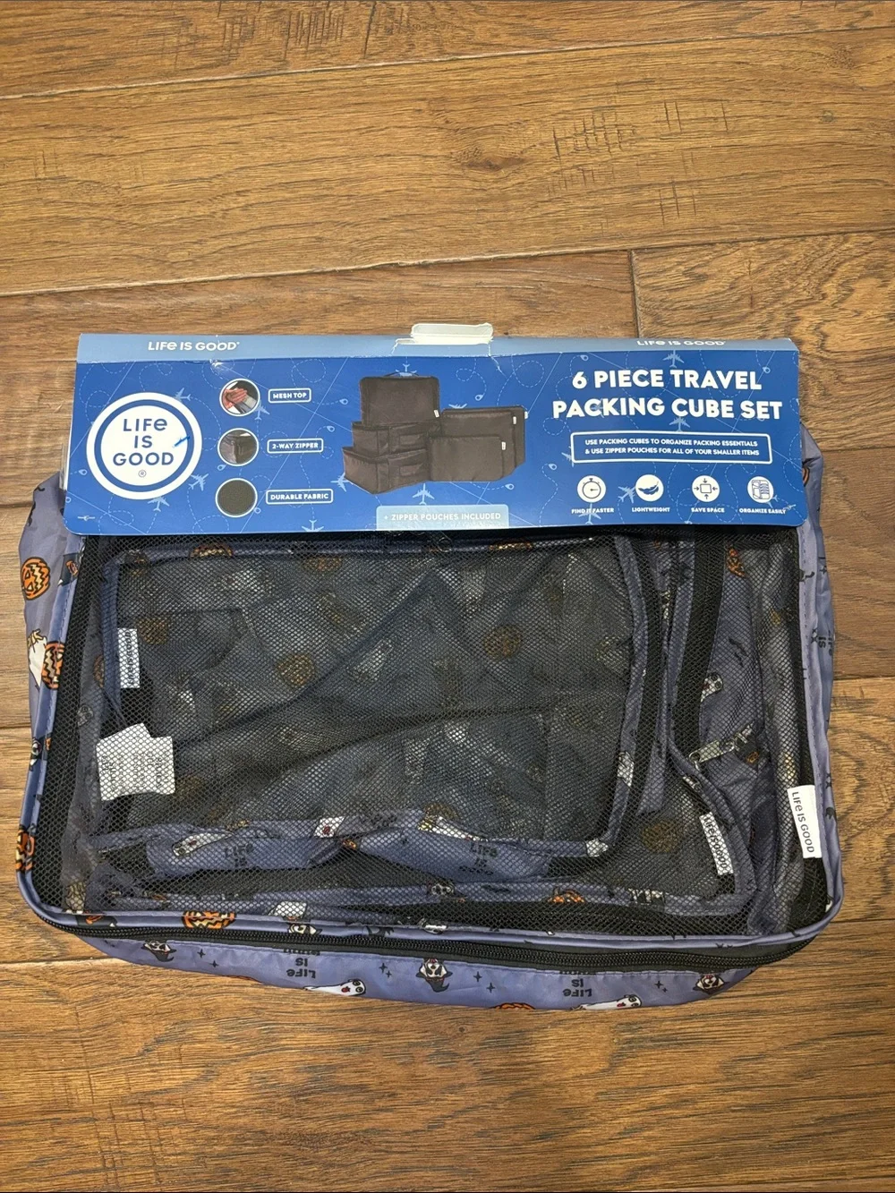 Life Is Good Blue 6-Piece Travel Packing Cube Set with Printed Accents